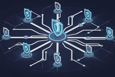 Abstract illustration of secure AI supply chain network with interconnected nodes and protected pathways