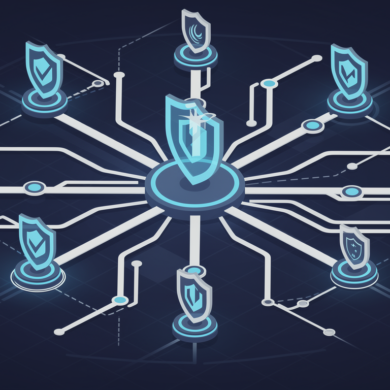 Abstract illustration of secure AI supply chain network with interconnected nodes and protected pathways