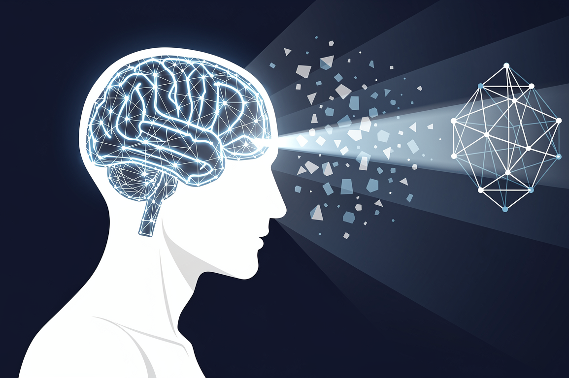 Illustration depicting cognitive surrender concept with human silhouette and AI neural network integration