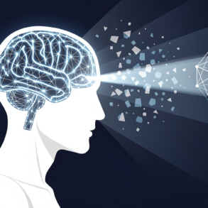 Illustration depicting cognitive surrender concept with human silhouette and AI neural network integration