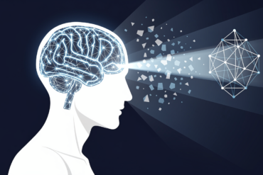 Illustration depicting cognitive surrender concept with human silhouette and AI neural network integration