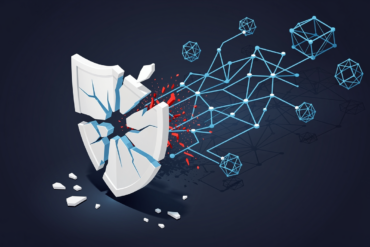Abstract illustration of a fractured security shield with AI network nodes showing disconnected vulnerabilities in enterprise infrastructure
