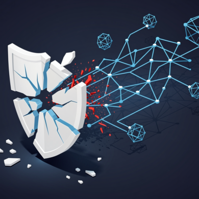 Abstract illustration of a fractured security shield with AI network nodes showing disconnected vulnerabilities in enterprise infrastructure