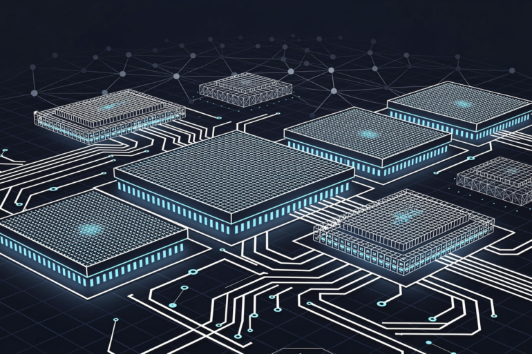 Abstract geometric illustration of DRAM memory architecture showing constrained supply pathways for AI infrastructure