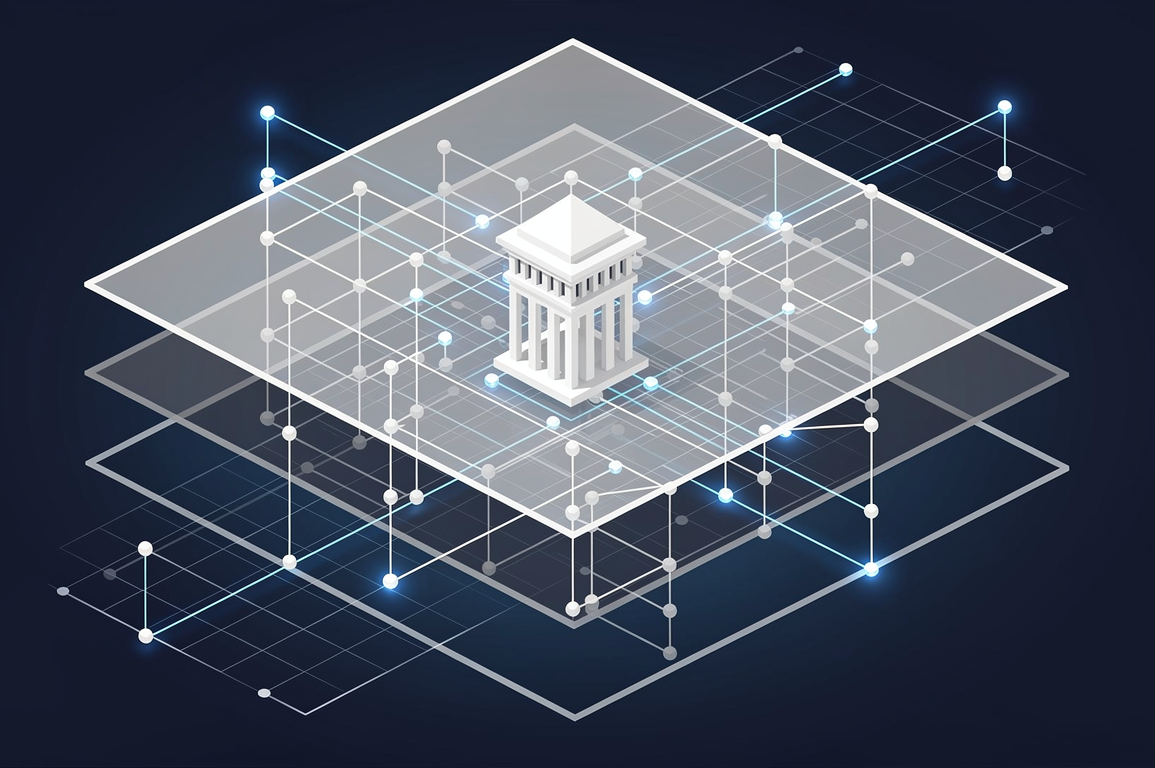 Geometric illustration representing AI governance framework structure with interconnected layers and oversight mechanisms