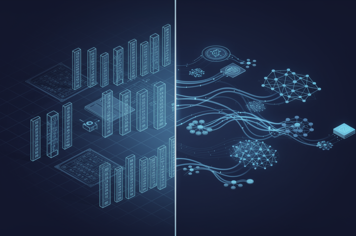 Abstract illustration depicting transformation of traditional audit processes into AI-assisted workflows through geometric patterns