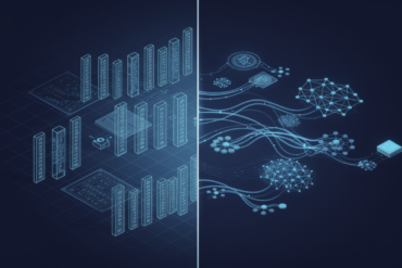 Abstract illustration depicting transformation of traditional audit processes into AI-assisted workflows through geometric patterns