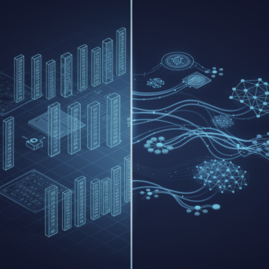 Abstract illustration depicting transformation of traditional audit processes into AI-assisted workflows through geometric patterns