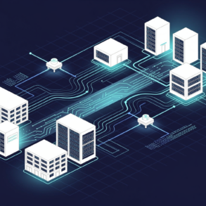 Abstract illustration of AI data centre infrastructure with geometric server facilities and network connections in navy and electric blue