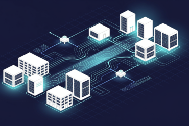 Abstract illustration of AI data centre infrastructure with geometric server facilities and network connections in navy and electric blue