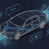 Editorial illustration depicting automotive AI integration with vehicle silhouette and neural network patterns