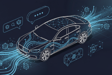 Editorial illustration depicting automotive AI integration with vehicle silhouette and neural network patterns