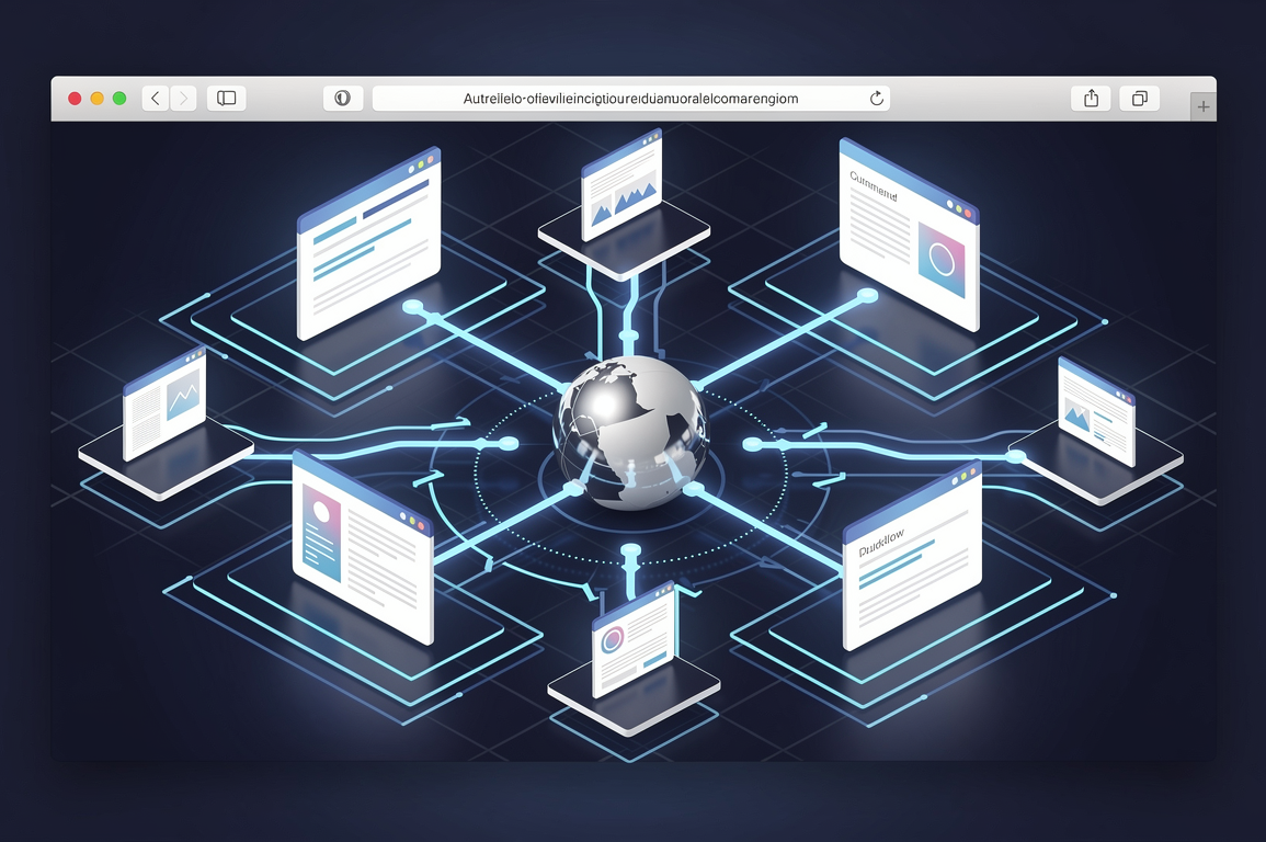 Abstract illustration of browser workflow automation showing connected web pages with automated task pathways