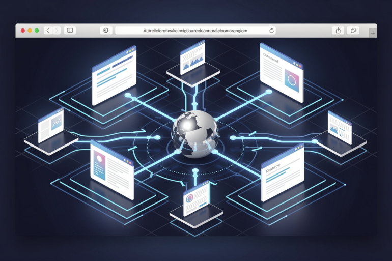 Abstract illustration of browser workflow automation showing connected web pages with automated task pathways