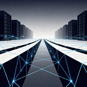 Abstract illustration depicting cloud infrastructure capacity constraints with geometric server forms and network bottleneck visualisation