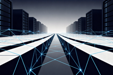 Abstract illustration depicting cloud infrastructure capacity constraints with geometric server forms and network bottleneck visualisation