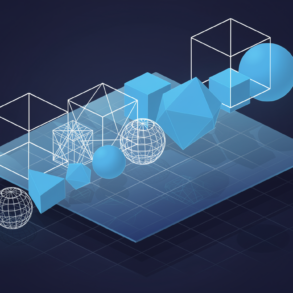 Abstract illustration of 3D geometric models emerging from flat surface, representing AI-generated three-dimensional content