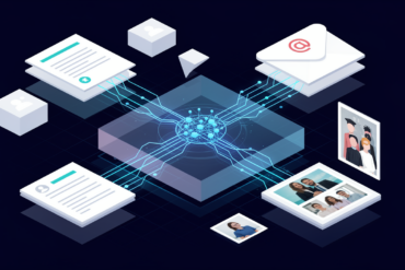 Abstract illustration depicting personal data streams converging into AI-powered image generation system