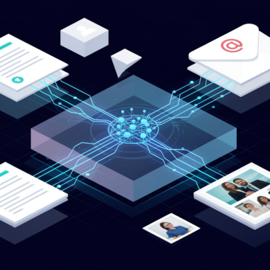 Abstract illustration depicting personal data streams converging into AI-powered image generation system