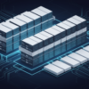 Abstract illustration of large-scale AI data centre infrastructure with geometric forms and power grid connectivity