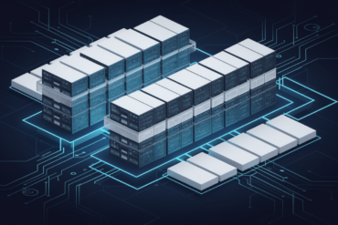 Abstract illustration of large-scale AI data centre infrastructure with geometric forms and power grid connectivity