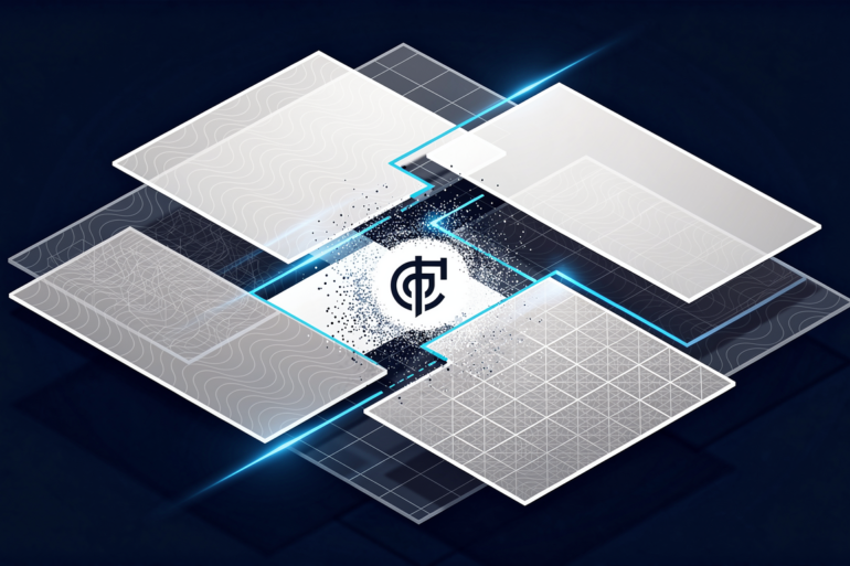 Abstract illustration of a digital watermark fragmenting, representing the reverse-engineering of Google's SynthID system