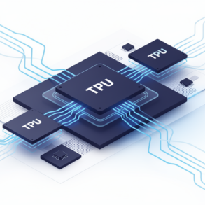 Abstract illustration of Google's TPU chip architecture for agentic AI workloads showing layered processors connected by flowing data pathways