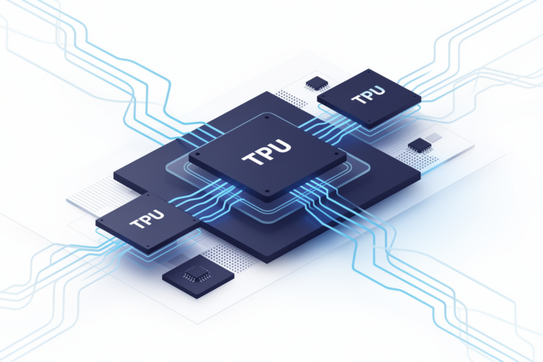 Abstract illustration of Google's TPU chip architecture for agentic AI workloads showing layered processors connected by flowing data pathways