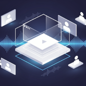 Abstract illustration of AI-powered video creation platform with geometric shapes representing video frames, audio waveforms, and virtual presenters