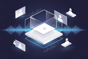 Abstract illustration of AI-powered video creation platform with geometric shapes representing video frames, audio waveforms, and virtual presenters