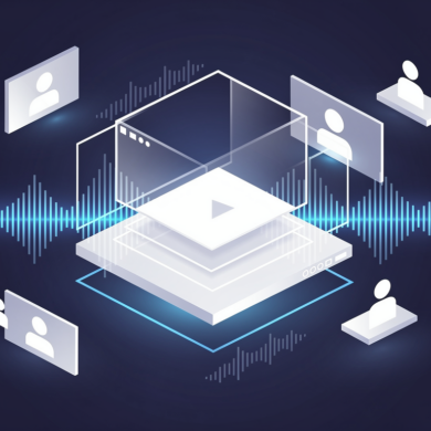 Abstract illustration of AI-powered video creation platform with geometric shapes representing video frames, audio waveforms, and virtual presenters