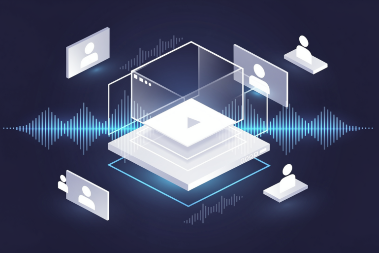 Abstract illustration of AI-powered video creation platform with geometric shapes representing video frames, audio waveforms, and virtual presenters