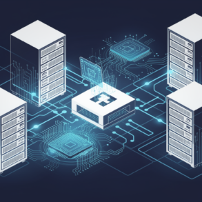 Abstract illustration of AI infrastructure partnership showing interconnected computing elements and chip architecture