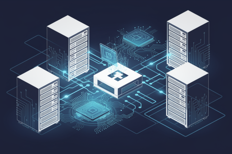 Abstract illustration of AI infrastructure partnership showing interconnected computing elements and chip architecture