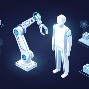 Abstract illustration depicting AI-powered robots working alongside human spaces in industrial and care environments