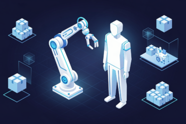 Abstract illustration depicting AI-powered robots working alongside human spaces in industrial and care environments