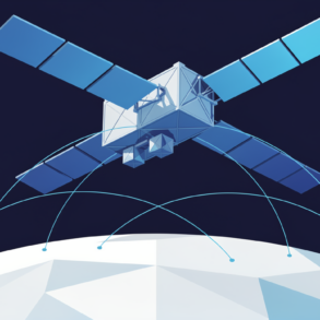 Illustration of satellite with GPU compute cluster in low Earth orbit transmitting data to ground stations