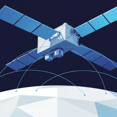 Illustration of satellite with GPU compute cluster in low Earth orbit transmitting data to ground stations