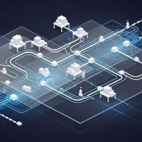 Abstract illustration of AI-powered supply chain network with interconnected nodes and data flow pathways