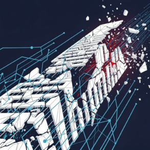 Abstract illustration of a fragmenting geometric structure representing Mercor's collapsing valuation following data breach