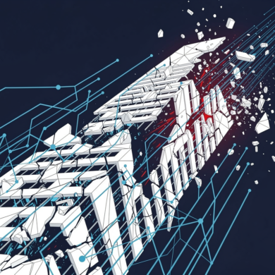 Abstract illustration of a fragmenting geometric structure representing Mercor's collapsing valuation following data breach