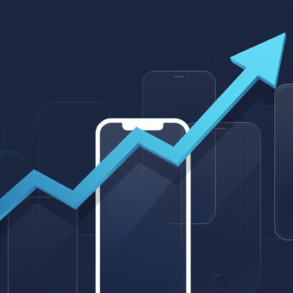 Abstract illustration depicting upward mobile app ranking growth with geometric shapes and trending arrow