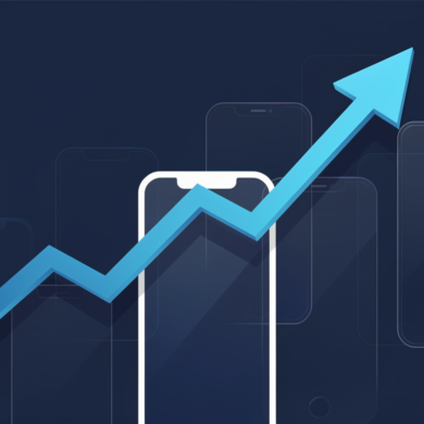 Abstract illustration depicting upward mobile app ranking growth with geometric shapes and trending arrow