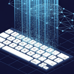 Abstract illustration of keyboard data flowing into AI neural network representing workplace monitoring for machine learning