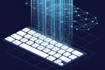Abstract illustration of keyboard data flowing into AI neural network representing workplace monitoring for machine learning