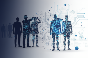 Abstract illustration depicting human workers transforming into AI algorithmic patterns, representing automation-driven workforce displacement