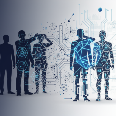 Abstract illustration depicting human workers transforming into AI algorithmic patterns, representing automation-driven workforce displacement