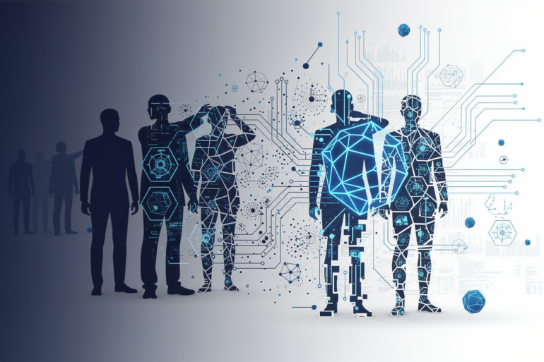 Abstract illustration depicting human workers transforming into AI algorithmic patterns, representing automation-driven workforce displacement
