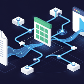 Abstract illustration of autonomous AI agents connecting productivity applications in enterprise workflow