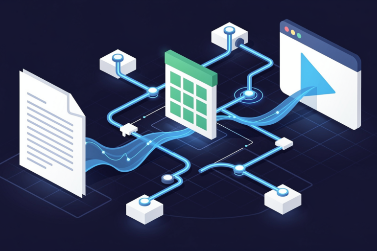 Abstract illustration of autonomous AI agents connecting productivity applications in enterprise workflow